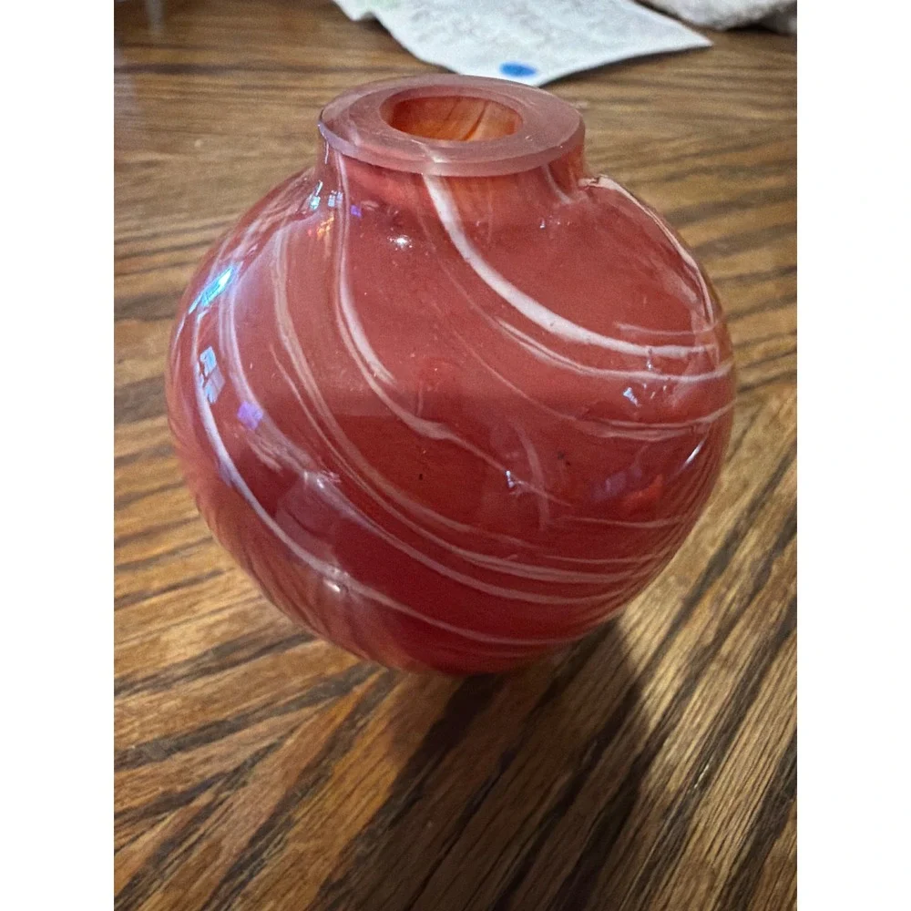 Red and White Swirl Art Glass Bud Vase Round Orb Decorative Vessel 3.5